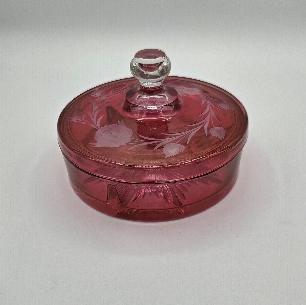 Vintage Cranberry Ruby Red Glass 3 Section Candy Dish & Lid + Etched Flowers